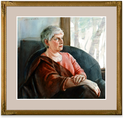 watercolor portrait of a lady in red sitting