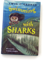 Children's book jacket illustration by Yong Chen for "Swimming with Sharks"