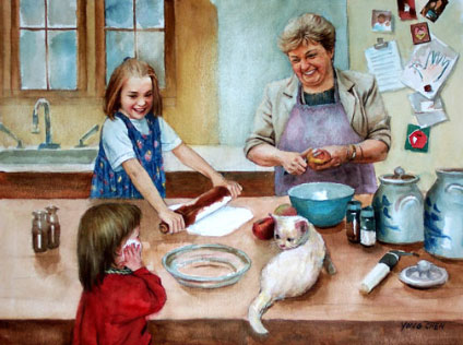 Family fun in the kitchen, watercolor of a grandma and two beautiful girls are preparing for the Thanksgiving.