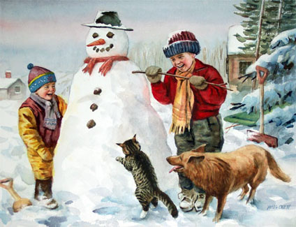 Get ready for Christmas, let's make a snowman, a boy and an girl laughing while making a big snowman with their cat and dog.