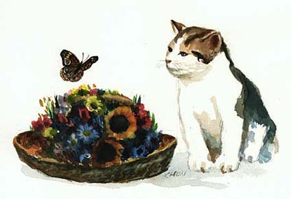 Cat and butterfly, watercolor painting
