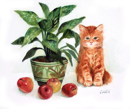 Cat and apple, watercolor painting