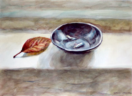 still-life watercolor: red leave and ash tray