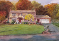 house watercolor portrait painting of a  New England home in the morning