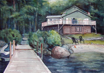 home watercolor portrait painting of a vacation lake house