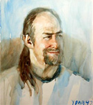watercolor portrait painting of a man with long hair