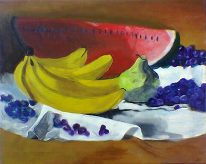 Acrylic painting still-life banana and watermelon