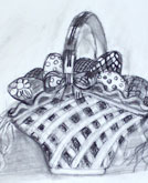 charcoal drawing of easter basket with easter eggs by kid, kai Chen