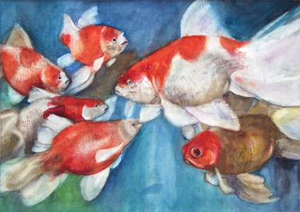 watercolor painting of goldfish by kid, Kai Chen, self-portrait pencil drawing