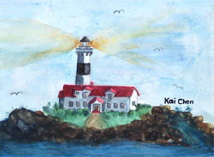 watercolor painting of lighthouse by kid, Kai Chen