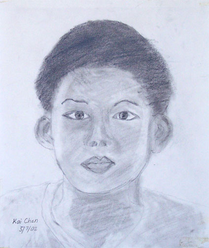 drawing by kid, Kai Chen, self-portrait pencil drawing
