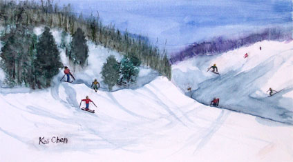 watercolor painting landscape skiing by Kai Chen