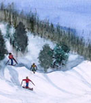 watercolor landscape painting of Mary Churchill Student: winter skiing on snow