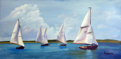 Oil painting of Sail boats by young artist, Kenrick Tsang, oil painting on canvas