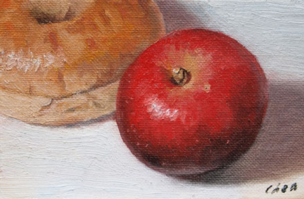 original oil painting of Red Apple and Bagel by Yong Chen