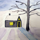 Watercolor painting by a student of Yong Chen: house by a tree