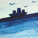 Watercolor painting by a student of Yong Chen: ship and seabirds