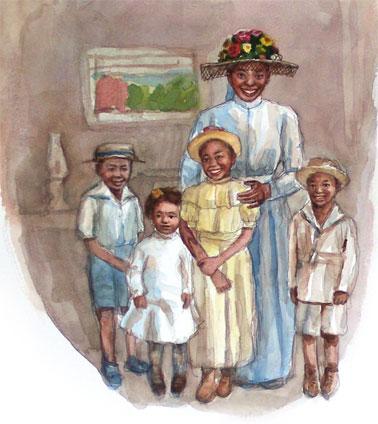 Mama was beautiful with the fine new flower hat on. Yong Chen watercolor illustratioon for children's book