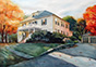 house watercolor portrait painting of a  New England home in the morning