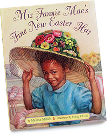 Cover jacket watercolor illustration for Miz Fannie Mae's Fine New Easter Hat.
