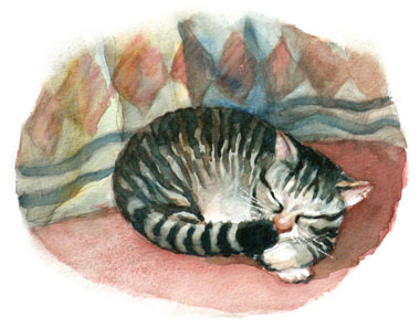 The cat is safe now and she is sleeping. Watercolor painting by Yong Chen.