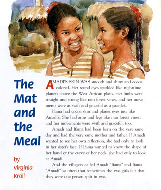 Illustration with Watercolor painting for a Spider Magazine story, The Mat and the Meal.