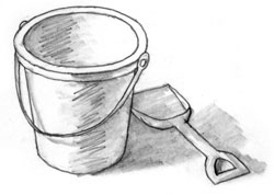 Drawing of a beach bucket and a shovel.