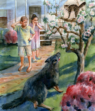 children magazine illustration for "Get Off My Lap, Cat!" watercolor illustration by Yong Chen