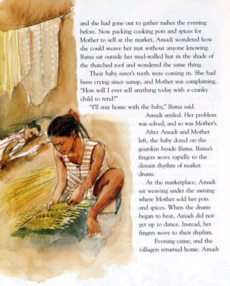 Children magazine illustration for "The Mat and the Meal" watercolor illustration by Yong Chen