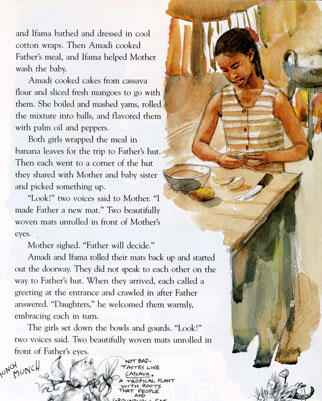 Children magazine illustration for "The Mat and the Meal" watercolor illustration by Yong Chen