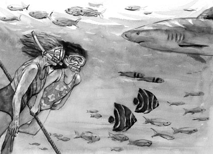 Grandma with me under the sea, there are many sharks and fish. Watercolor illustration for "Swimming with Sharks"