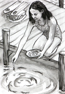 Girl feed the fish on dock, watercolor illustration for children's book "Swimming with Sharks"