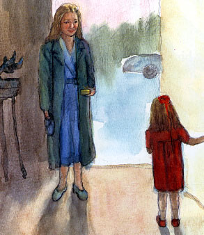 children's book illustration in Watercolor for "Maria's Loose Tooth", finally, Mom came home from work, by Yong Chen