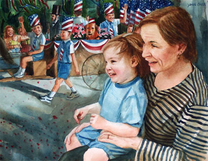 The 4th July with grandma to see the celebration parade, watercolor art by Yong Chen