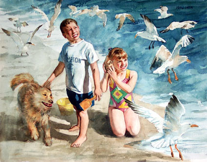 Beach fun with our dog, sea birds. Calendar illustration by Yong Chen