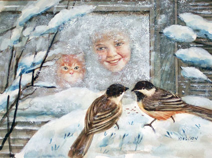 Birds are outside of the window in the snow, spring is coming. Watercolor painting by Yong Chen