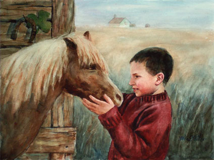 Watercolor art of a boy and a pony in the Irish green day