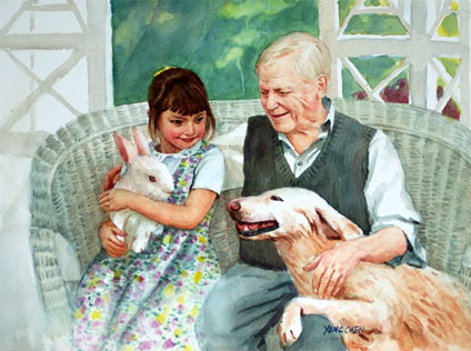 Watercolor art of girl, grandpa, rabit and a dog