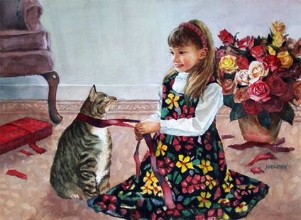 Happy Valentine's day, watercolor painting of a girl tiring a red riban to a cat and say: Love, you are my Valentine
