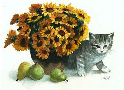 Cat and pear, watercolor painting