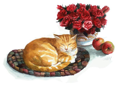 Cat, red roses, and apple, watercolor painting