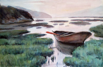 watercolor painting by Yong Chen: the resting boat