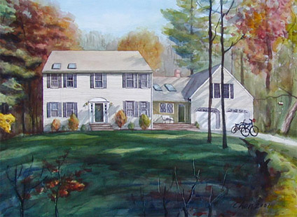 watercolor portrait of a hosue in the New England Fall of color, by Yong Chen