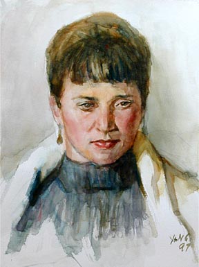 watercolor painting by Yong Chen: lady in white coat