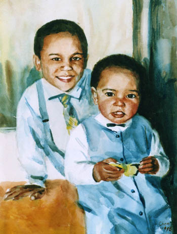 Watercolor Portrait Painting of a Boy and a Little Girl
