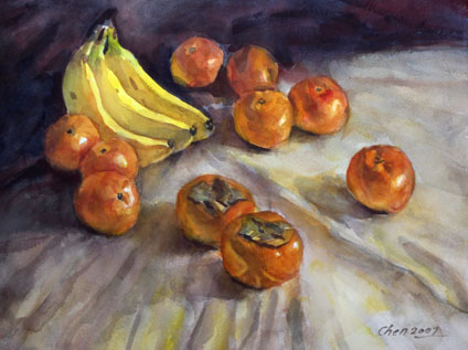 Still-life of Banana, Mandarin Oranges and Persimmons