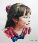 watercolor portrait painting of a little girl with blue bow