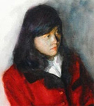 watercolor portrait painting of lady in red in watercolor