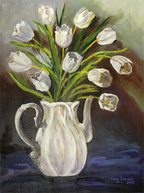 Acrylic still-life painting of White Tulips
