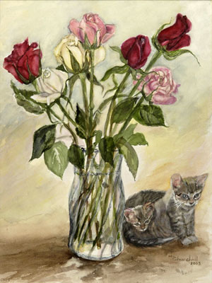 watercolor painting still-life of roses and cats